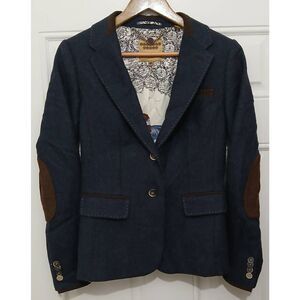 Ted baker womens UK size 1 US size 4 blue brown 100% wool blazer elbow patches
